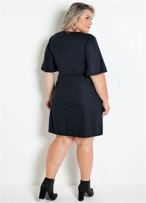 Vestido Transpassado Preto Plus Size Foxxstore