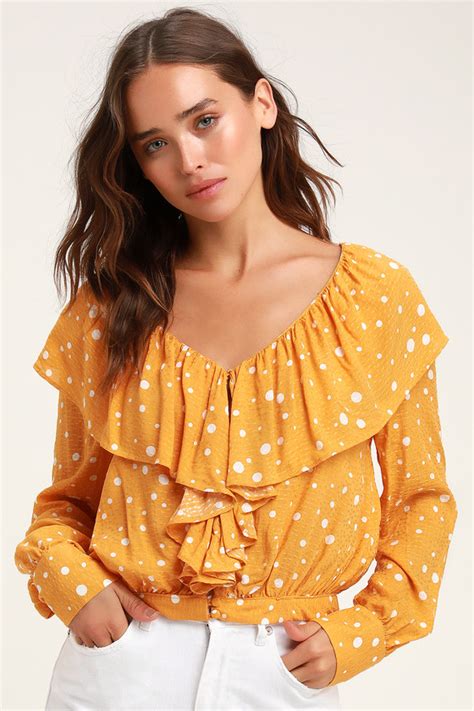 Mustard Yellow Polka Dot Top Ruffled Top Button Up Top Lulus