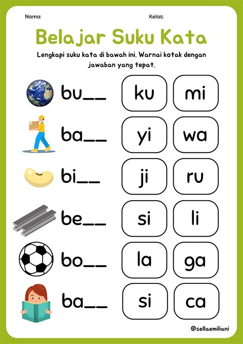 belajar suku kata lembar kerja bahasa indonesia gaya berwarna