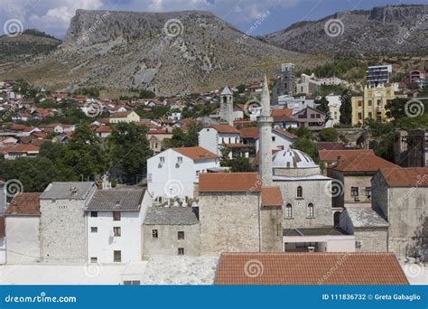 View From The Top Of The City Of Mostar Surrounded By Mountains