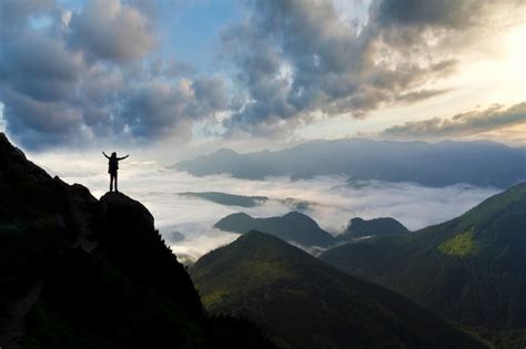 Premium Photo Wide Mountain Panorama Small Silhouette Of Tourist