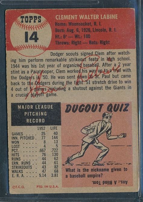 1953 Topps 14 CLEM LABINE Brooklyn Dodgers VG EX To VG EX EBay