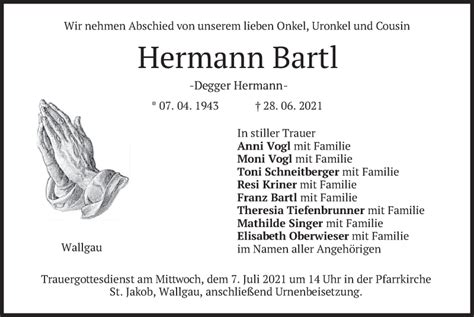 Traueranzeigen Von Hermann Bartl Trauer Merkur De