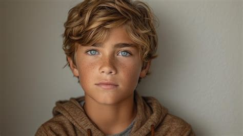 A young boy with light brown hair and bright blue eyes looks intently ...