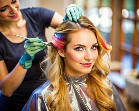 Premium Photo | A young beautiful woman is receiving a hair coloring ...