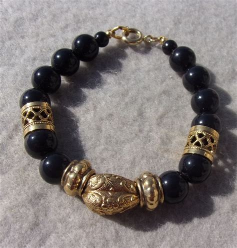 Black Onyx Bracelet Exquisite Vintage Black And Gold Handmade Black Onyx Beads Versatile