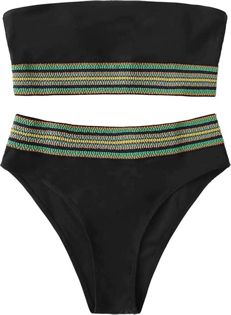 Amazon SweatyRocks Women S Bathing Suits Striped Bandeau Bikini High Waisted Swimsuits