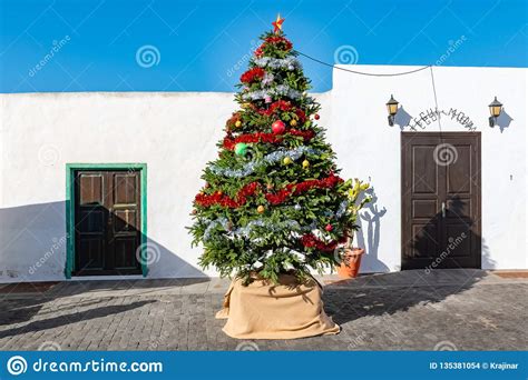 Christmas Tree In Front Of The Typical White Houses And Blue Sky