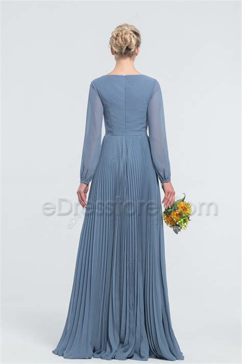 Modest Mormon Periwinkle Chiffon Bridesmaid Dresses Long Sleeves