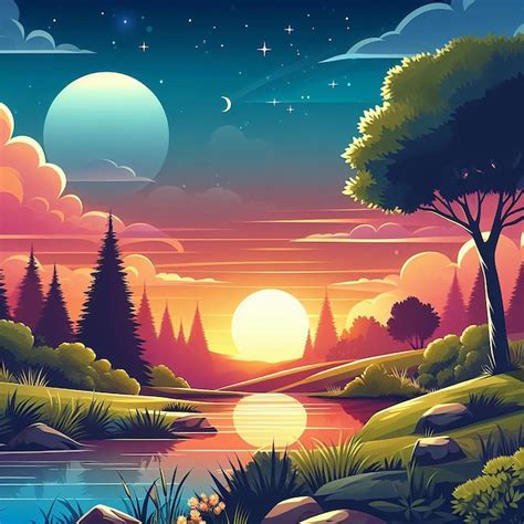 Una Pintura Digital De Un Bosque Con Un Lago Y Rboles Vector Premium