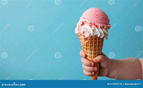 Baby Kid Hand Holding Big Ice Cream In Waffles Cone On Blue Background