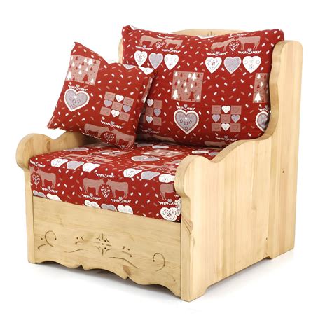 Fauteuil coffre pin massif sculpté et tissu rouge Polia