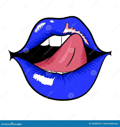 Woman Mouth With Blue Lips And Licking Tongue Stock Illustration