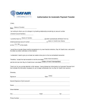 Fillable Online Authorization For Automatic Payment Transfer Dayair