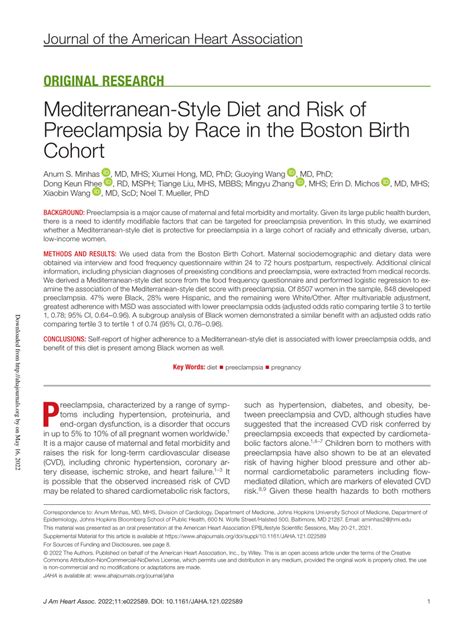 Pdf Mediterranean‐style Diet And Risk Of Preeclampsia By Race In The Boston Birth Cohort