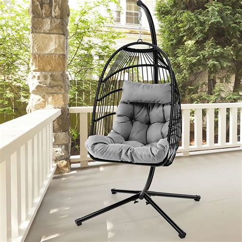 Patio Hanging Egg Chair With Stand Waterproof Cover And Folding Basket