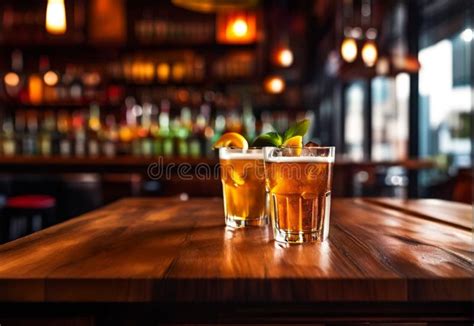 Wooden Table With A View Of Blurred Beverages Bar Backdrop Stock