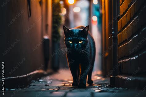 Black Cat Is Walking Down Dark Alley Way With Its Glowing Eyes Glowing