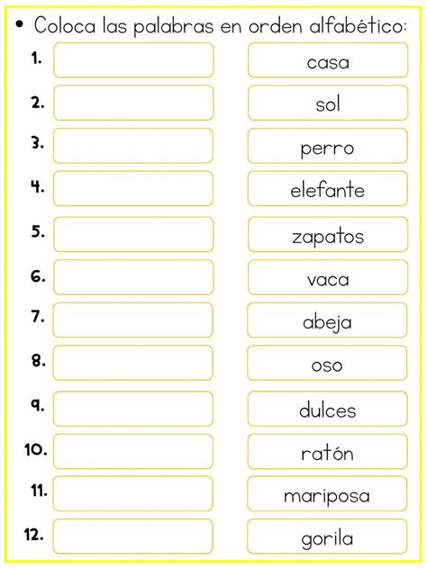 FICHA ORDEN ALFABÉTICO imprimible gratuita Actividades de escritura