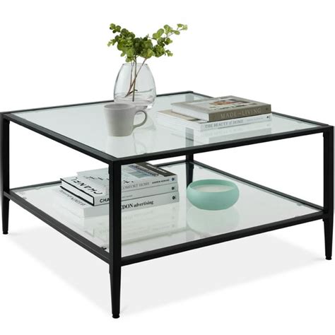 Best Choice Products Metal 32 Square 2 Tier Coffee Table Glass Top Living Room Accent