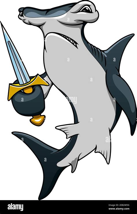 Dangerous Hammerhead Shark Pirate Cartoon Character With Sharp Sword