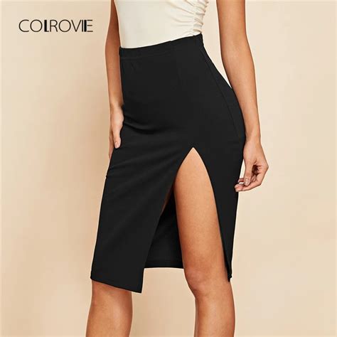 Colrovie Black Solid Split Sexy Skirt Autumn Streetwear Fashion High