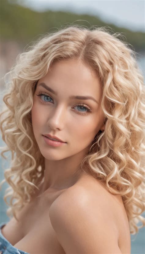 A Beautiful Blonde Woman With Curly Hair Blue Eyes Tanned Skin In