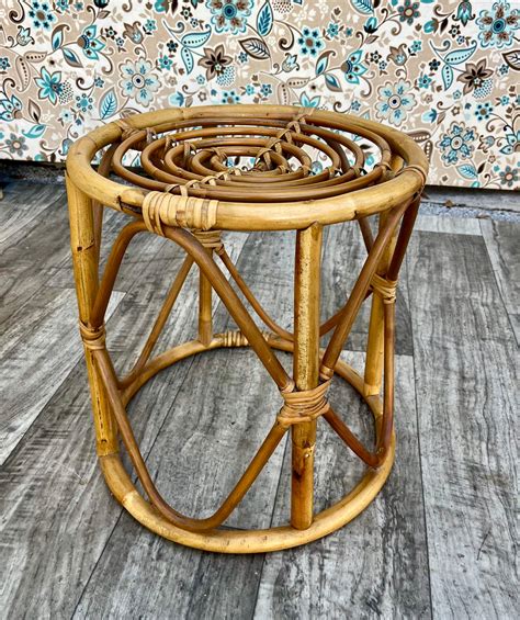 Coastal Style Bamboo And Rattan Round Side Table Plant Stand Circa