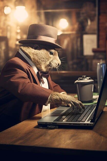 Marmota Corporativa Con Sombrero Trabajando En Una Computadora Port Til