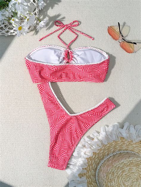 SHEIN Swim Mod Women S Wavy Check Pattern Lace Trim Bandeau Bikini Swimsuit Set Valentine