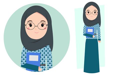 Muslim Teacher In Hijab With Cute Cartoon Character Illustration Wearing Batik Costume And Book