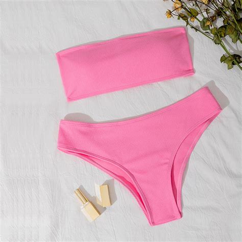 High Waist Strapless Sexy Bikini Women Swimsuit Padded Bathing Suit Monokin Pure Color Shopee