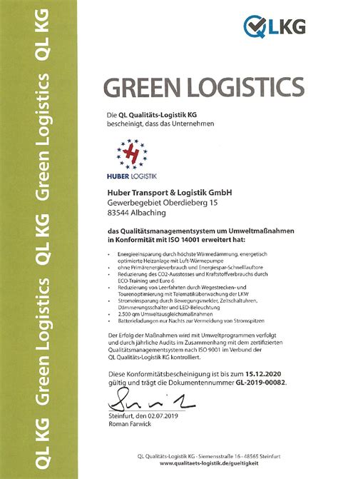 ISO 9001 Green Logistics Zertifizierungen 2019 Huber Transport