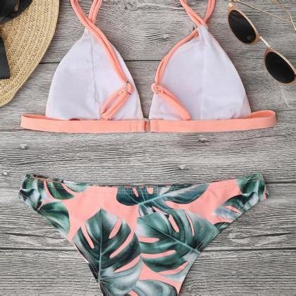 Fashion Women Sexy Bikini Leaf Printed Split Bikini Set For Summer