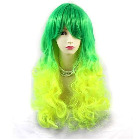 Wiwigs ® Romantic Long Curly Wig Green And Light Yellow Dip Dye Ombre