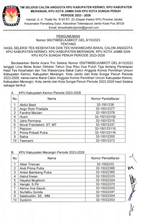 Ini Nama 10 Besar Calon Kpu Kerinci Merangin Kota Jambi Dan