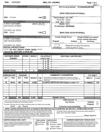 Bill Of Lading Summary Free Templates Printable