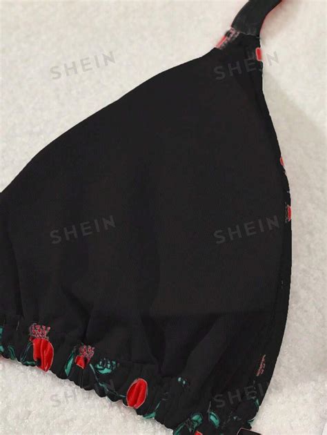 Shein Swim Mod Plus Size Women S Summer Beach Cherry Print Halter Neck Tie Sexy Bikini Set