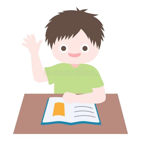 Cartoon Cute Little Boy Reading Book and Raising His Hand for Questions ...