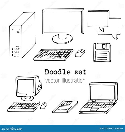 Set Of Sketch Computers Doodle Pc Laptop Floppy Retro Computer Icon