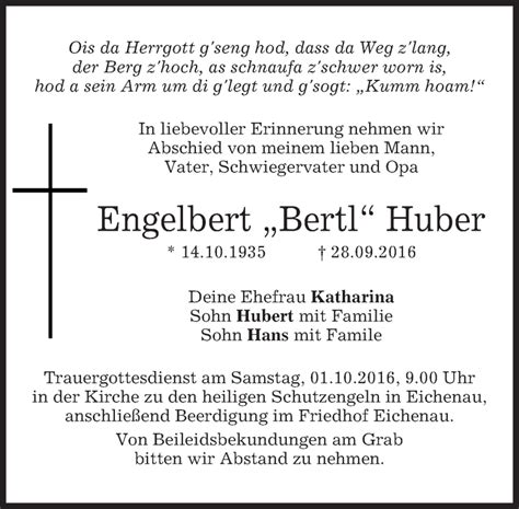 Traueranzeigen Von Engelbert Huber Trauer Merkur De