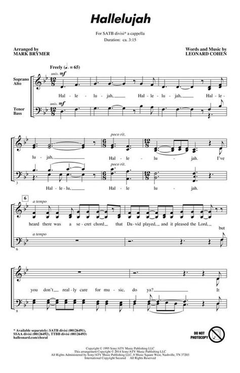 Hallelujah Leonard Cohen Sheet Music For Mixed Choir