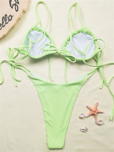 Emmiol Free Shipping Lace Up Ribbed Bikini Set Green S In Bikini