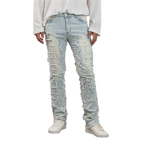 Musuos Men S Regular Fit Stacked Jeans Patch Distressed Destroyed