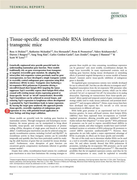 Pdf Tissue Specific And Reversible Rna Interference In Transgenic Mice