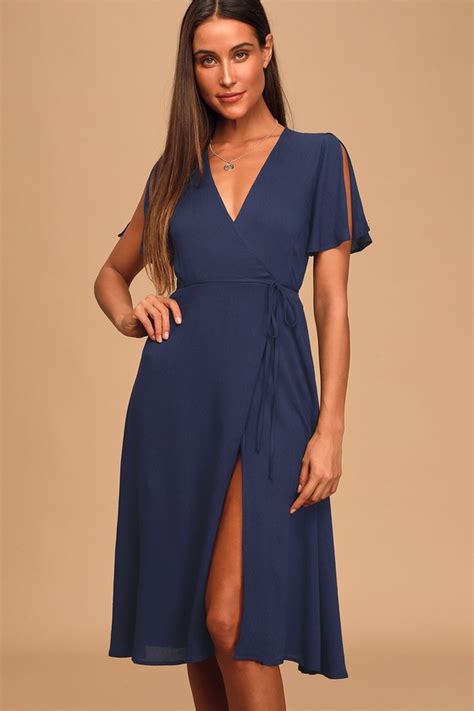 Lovely Navy Blue Dress Wrap Dress Wrap Midi Dress Lulus