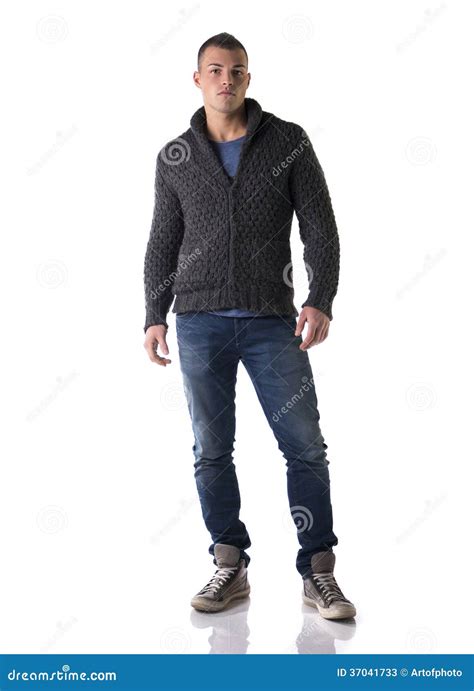 Full Body Shot Of Attractive Young Man With Wool Sweater And Jeans ...