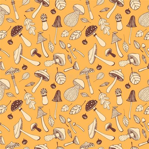 Hand Drawn Doodle Mushroom Seamless Pattern Stock Vector Illustration