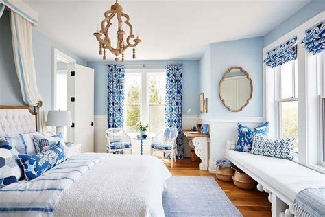 White and Blue Coastal Bedroom with Bay Window Bench