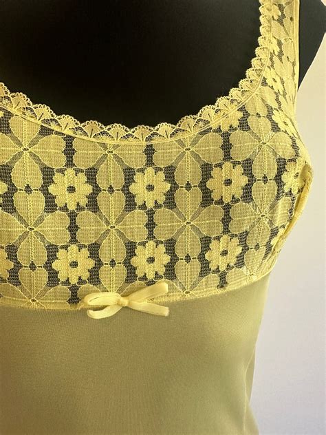 S Soviet Vintage Full Slip Negligee Yellow Nylon Lace Lingerie Underwear Nightgown Sexy